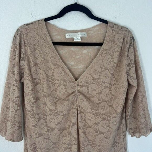 Bettie Page Retro Pin-up Nude Beige Floral Lace Blouse Sheer Back Top Large - Picture 10 of 11
